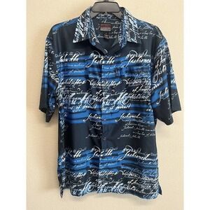 Vintage Fubu Blue Satin Short Sleeve Button Up Shirt Size L Fashioned Print